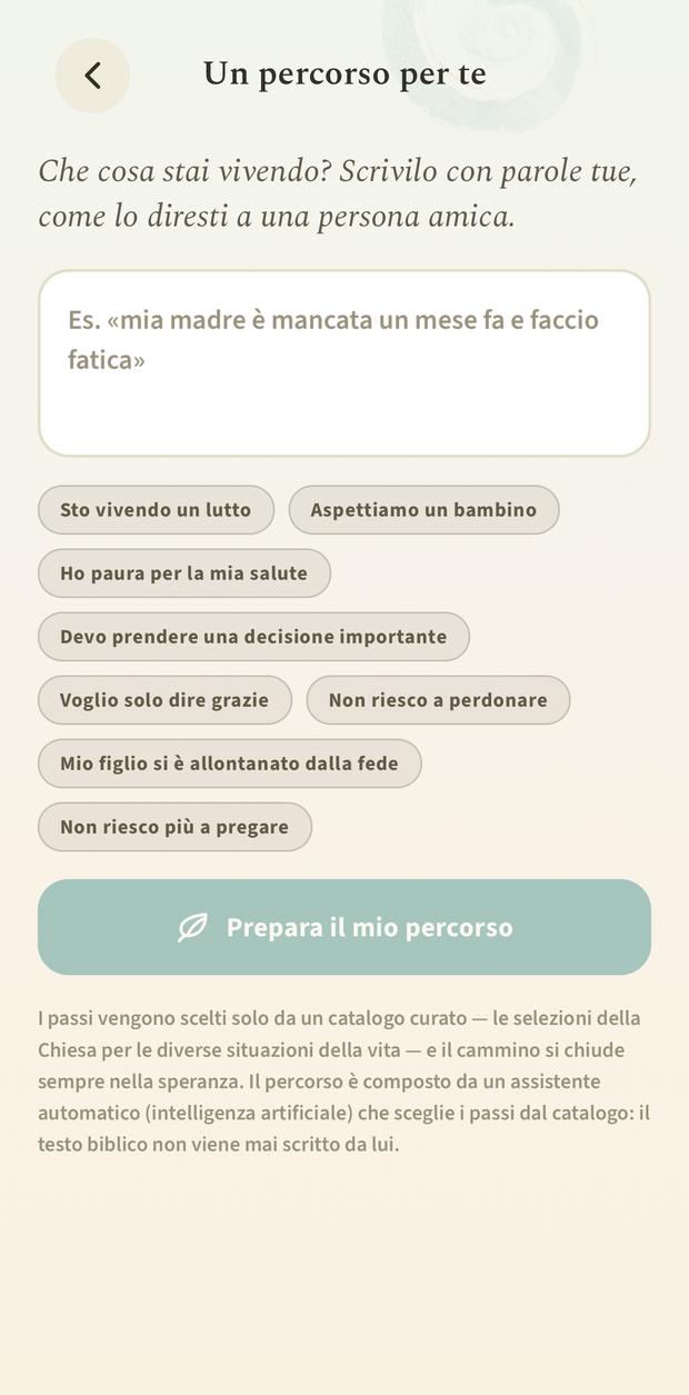 Schermata «Un percorso per te»: racconta cosa stai vivendo, e come funziona l'intelligenza artificiale che sceglie il percorso