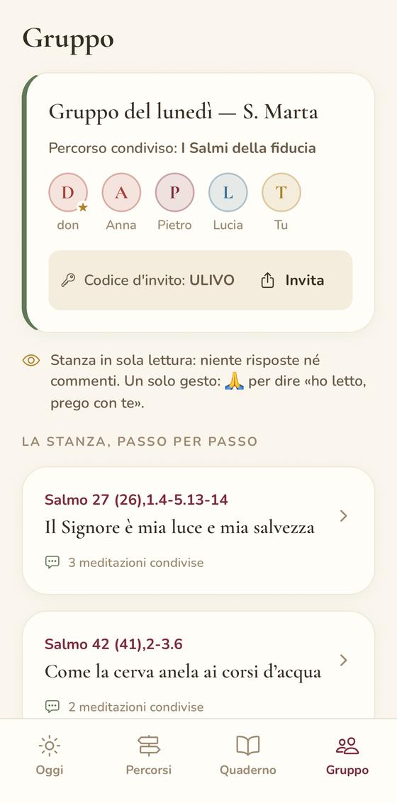 Schermata Gruppo: la stanza del gruppo di lettura, con codice d'invito e meditazioni condivise per passo